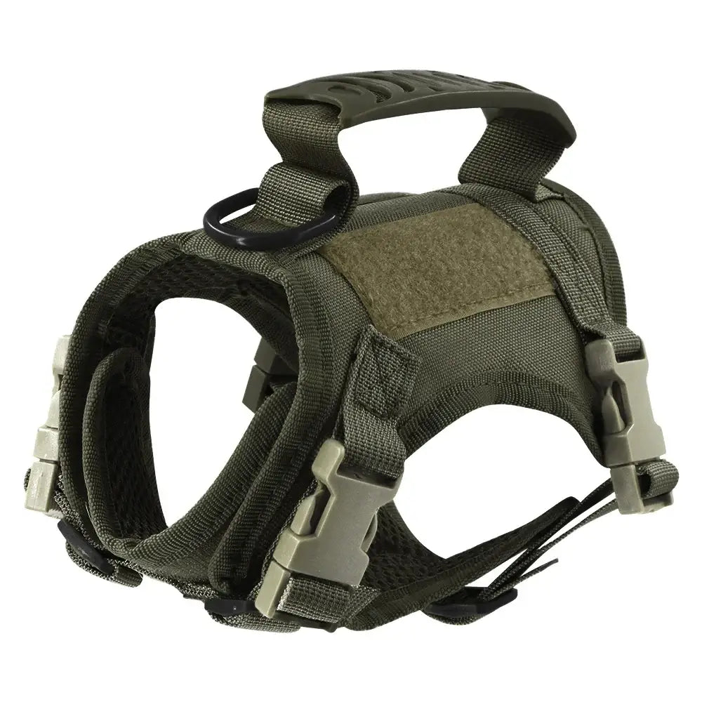 Military-style tactical dog harness in olive green with adjustable straps and handle.