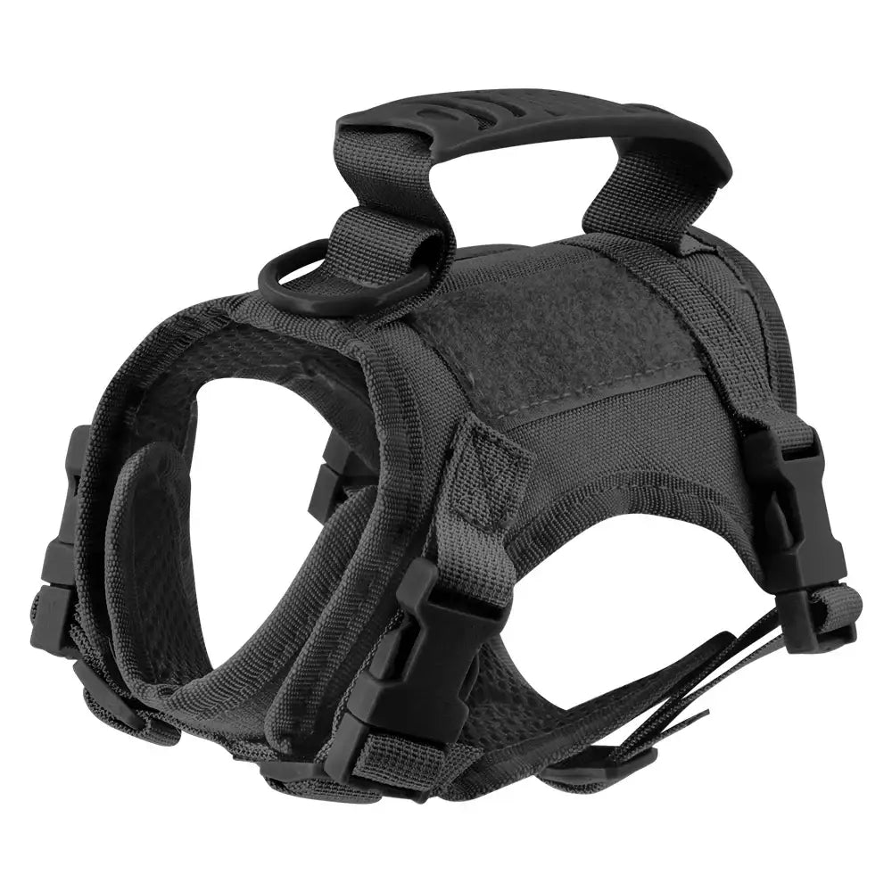 Tactical dog harness with adjustable straps and handle.