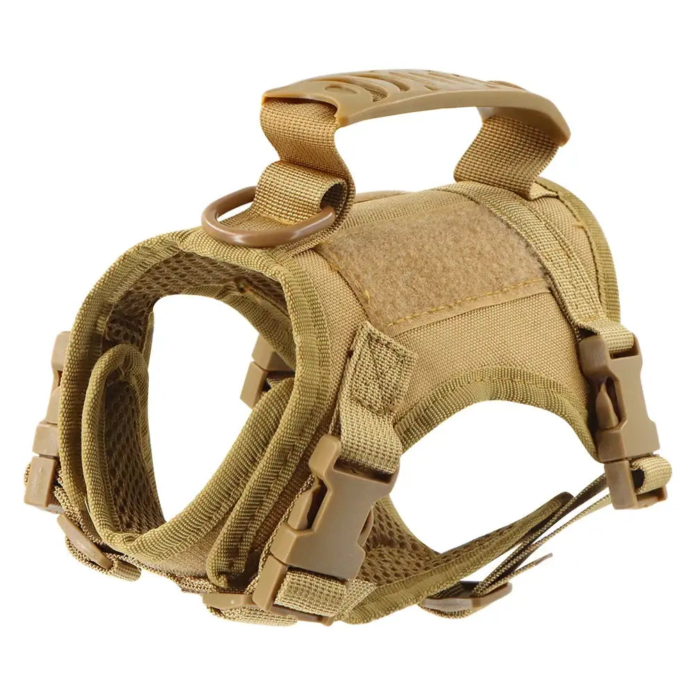 Tactical dog harness in tan color with adjustable straps and handle.