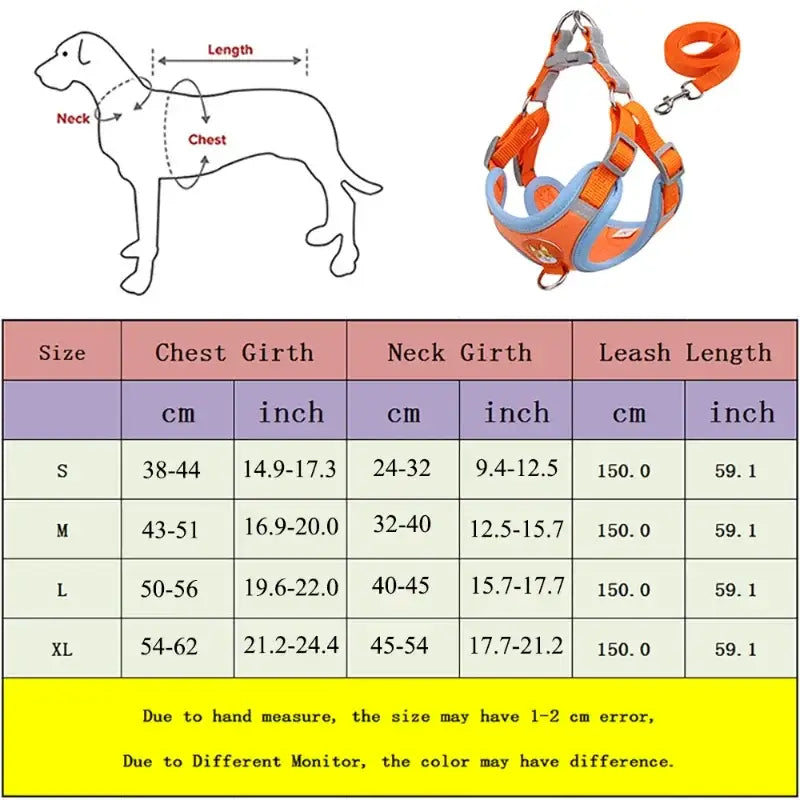 Dog harness sizing chart with measurements and a diagram.