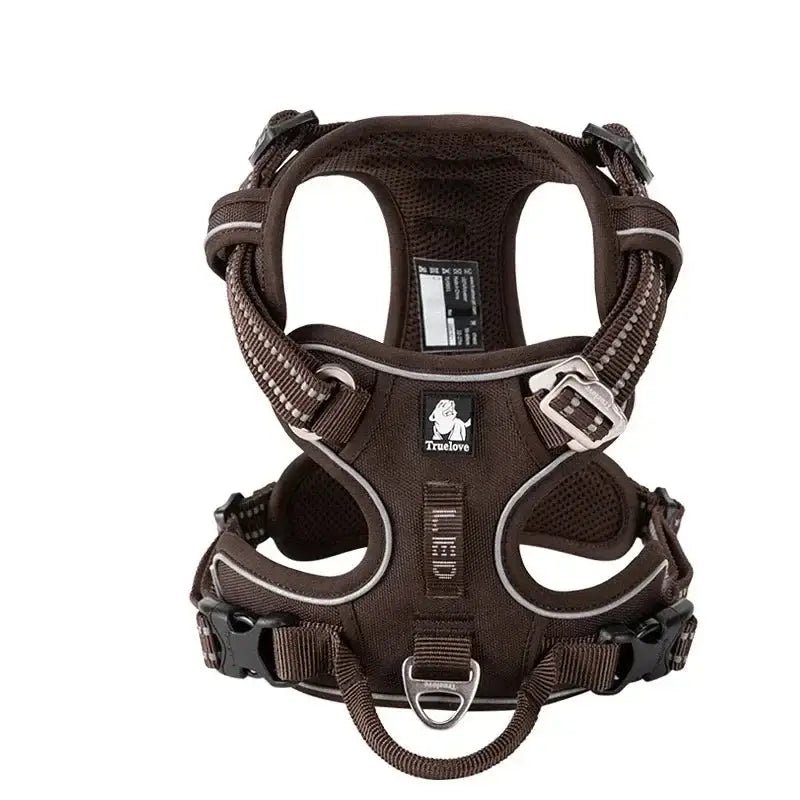 Dog harness with adjustable straps and metal buckles.