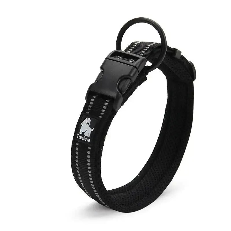 Black dog collar with reflective stitching and a buckle closure.