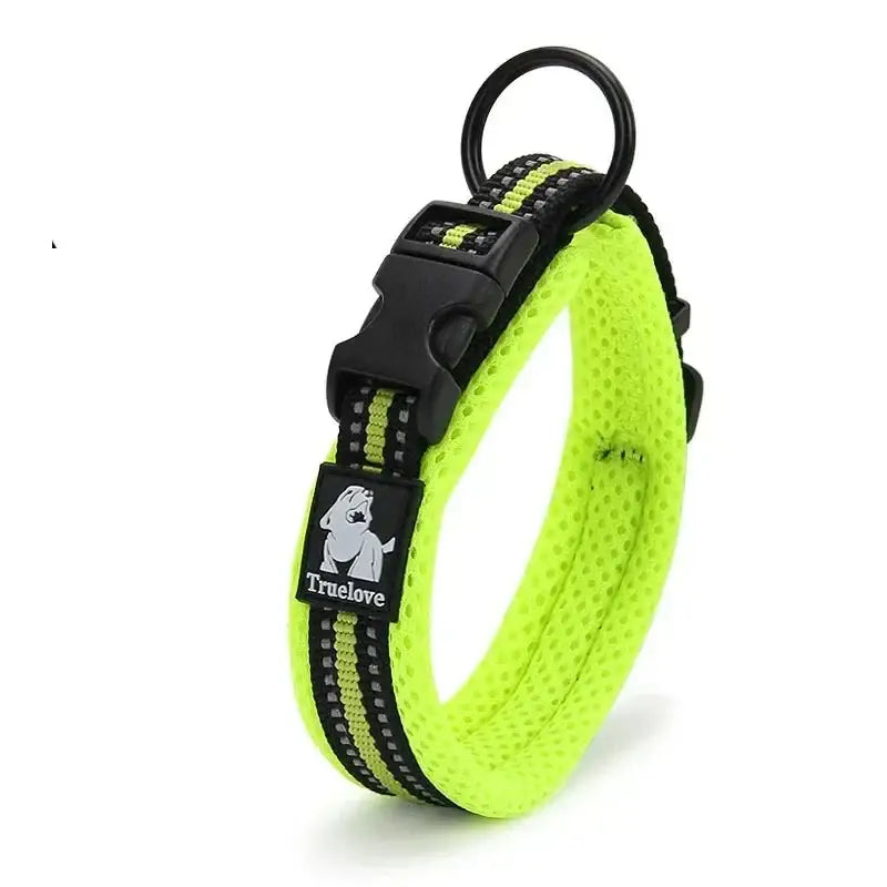 Bright neon yellow dog collar with reflective striping and a quick-release buckle.