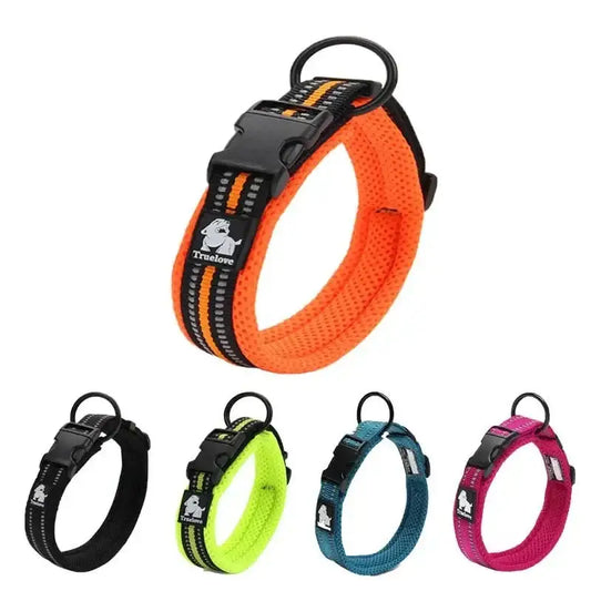 Bright orange padded dog collar with reflective strips and a metal ring.