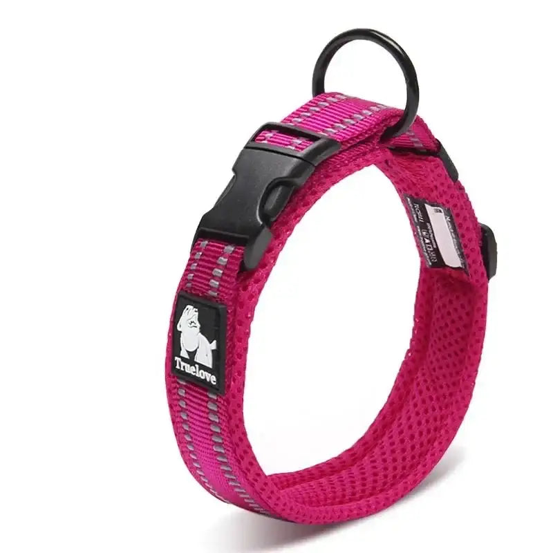 Bright pink adjustable dog collar with reflective stitching and a quick-release buckle.