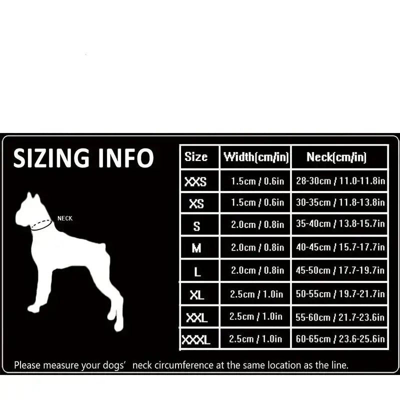 Sizing chart for dog collars or harnesses showing measurements for different sizes.