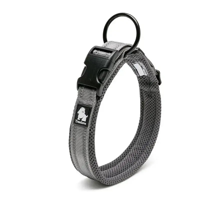 Gray padded dog collar with a quick-release buckle and metal ring.