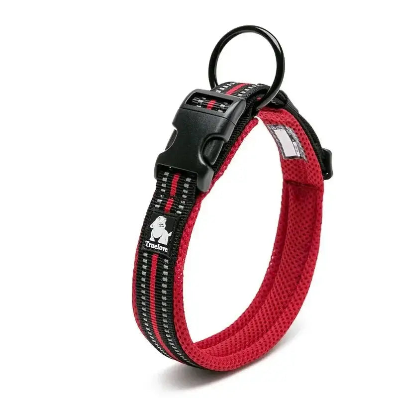 Red and black adjustable dog collar with a quick-release buckle.