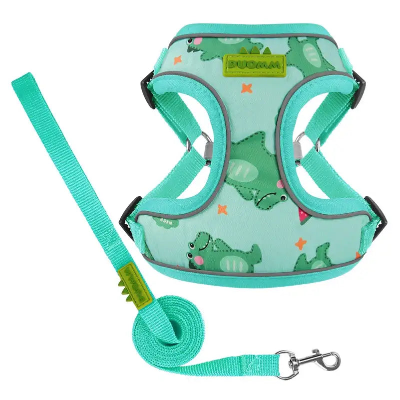 Dog harness with matching leash in a teal color featuring a dinosaur print pattern.