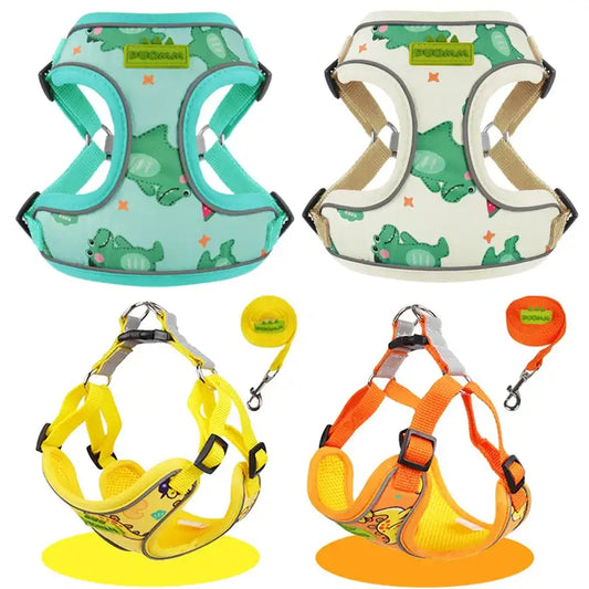 Dog harnesses in various colors and patterns with matching retractable leashes.