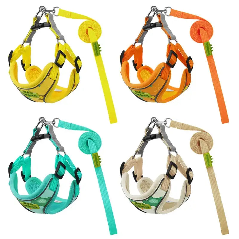 Dog harnesses with matching leashes in yellow, orange, teal, and beige colors.