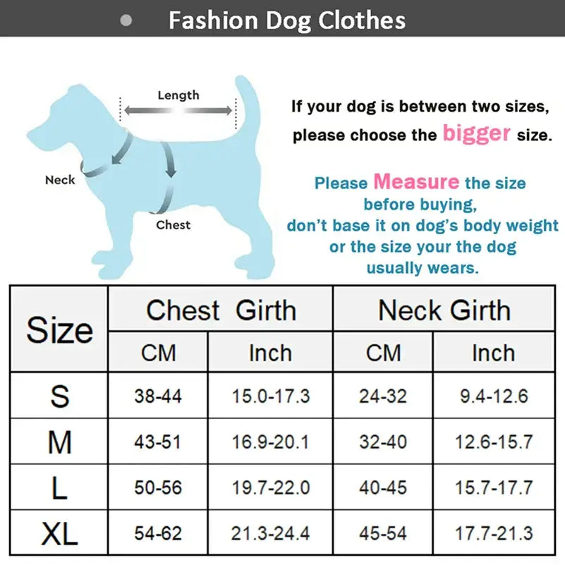 Size chart for dog clothes showing measurements for different sizes.