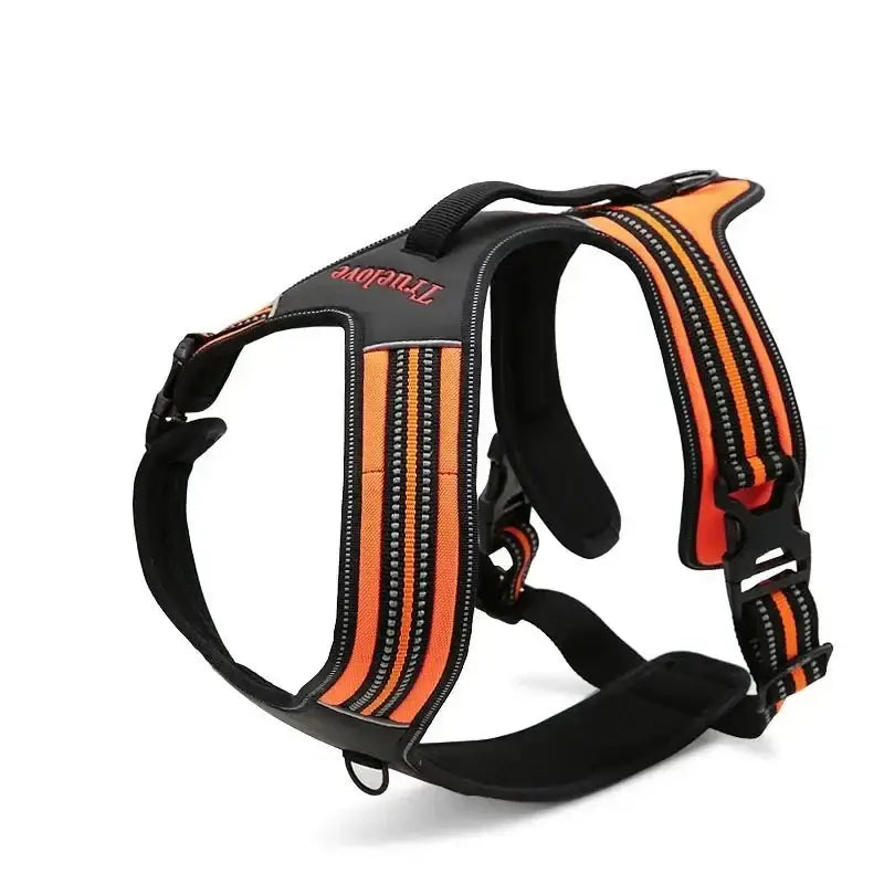 Dog harness with orange and black stripes and adjustable straps.