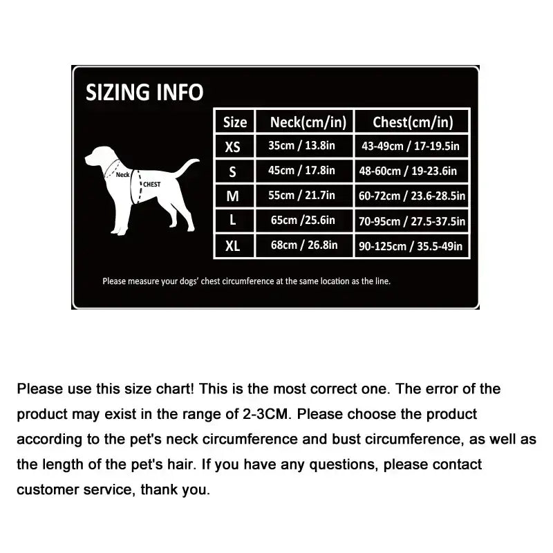 Size chart for dog clothing showing measurements for different sizes.