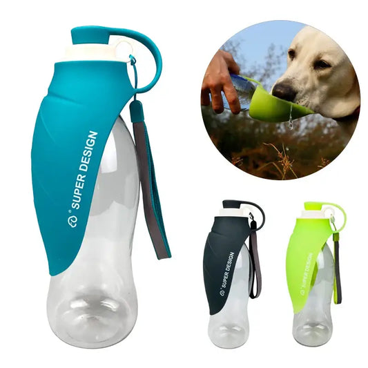 Portable water bottle with a built-in drinking bowl for pets.