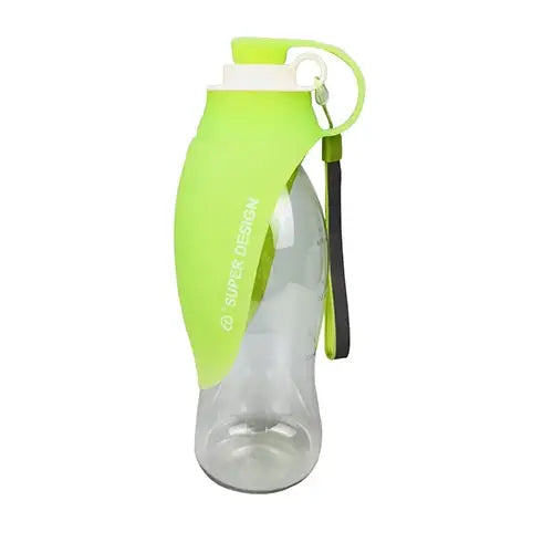 Portable water bottle with a bright green silicone sleeve and attached loop.