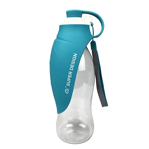 Teal and clear plastic water bottle with a curved shape and attached strap.