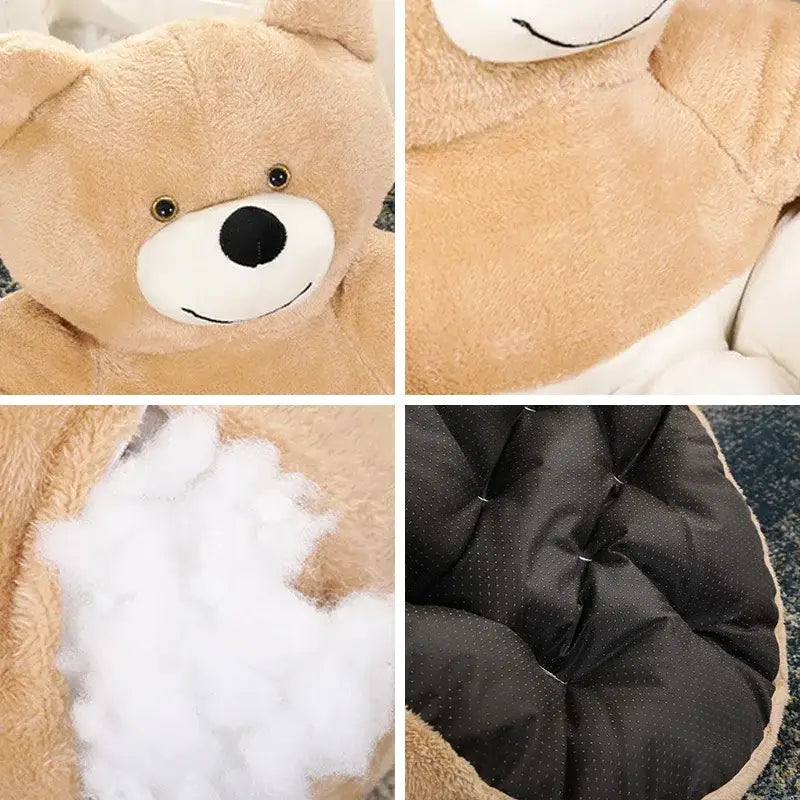 Plush teddy bear with beige fur and a smiling face.