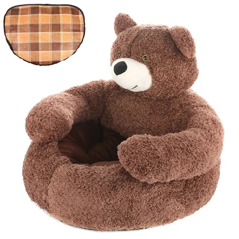 Plush teddy bear-shaped chair with a round seat cushion and hugging arms.