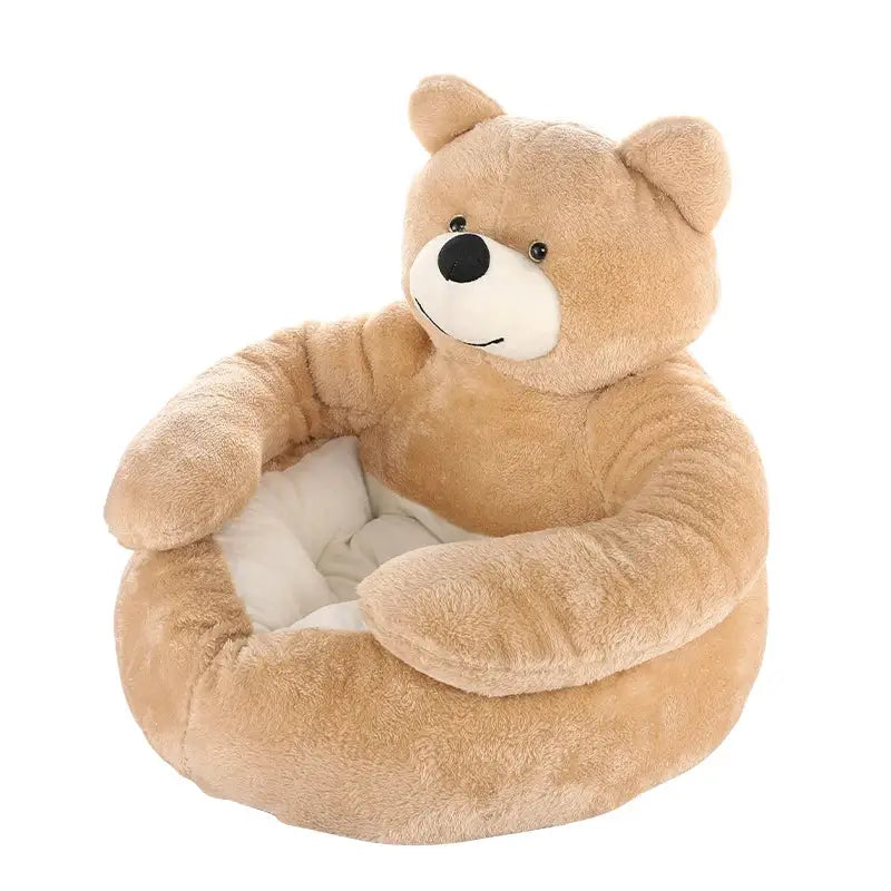 Plush teddy bear-shaped chair or seat for children.