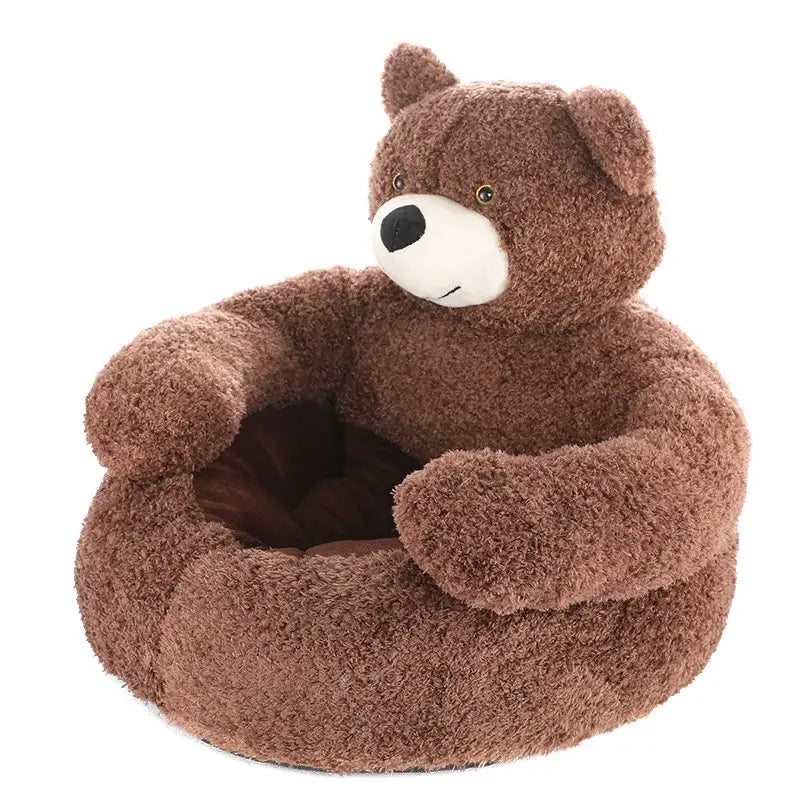 Plush teddy bear-shaped chair or seat for children.