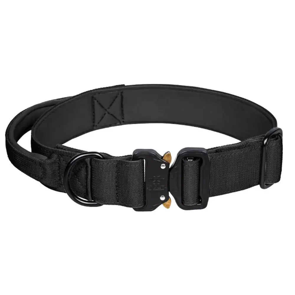 Black tactical-style dog collar with a quick-release buckle and metal D-ring.