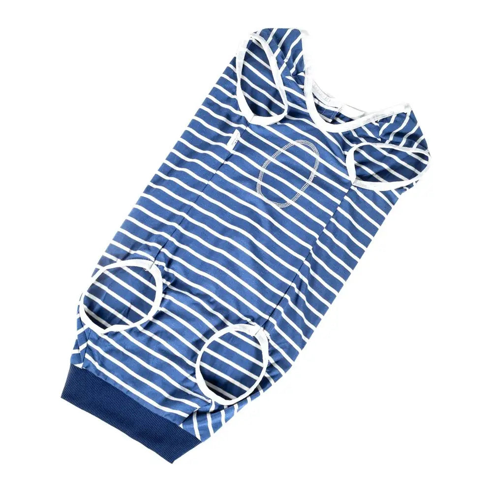 Blue and white striped dog shirt with leg holes.