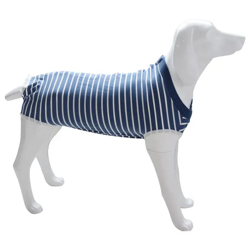 Dog mannequin wearing a blue and white striped shirt.