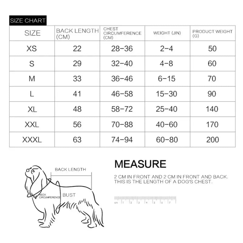 Size chart for dog clothing with measurements and an illustration of a dog.