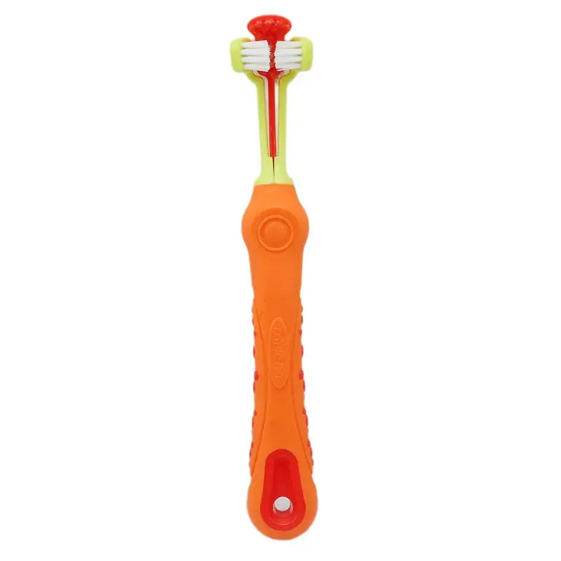 Colorful toothbrush with an orange handle and a red and green brush head.