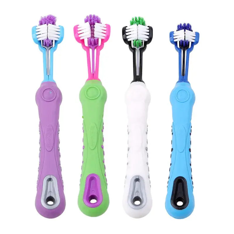 Colorful toothbrushes with triple-sided brush heads and ergonomic handles.