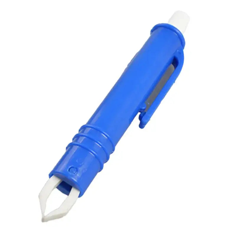 Blue plastic deburring tool with a white blade tip.