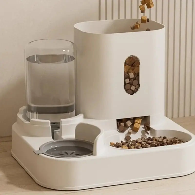 Automatic pet feeder and water dispenser with food storage compartment.