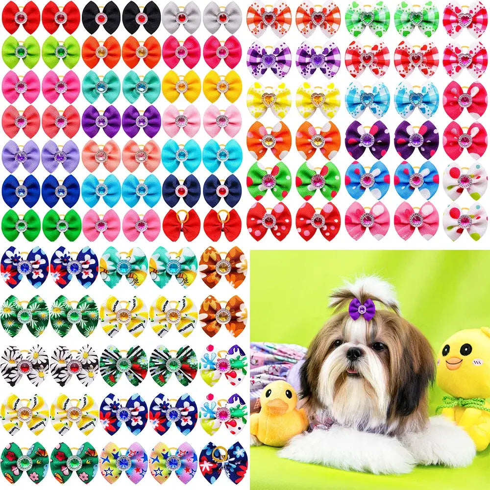 Collection of colorful hair bows and accessories for pets, with a photo of a small dog wearing a bow.