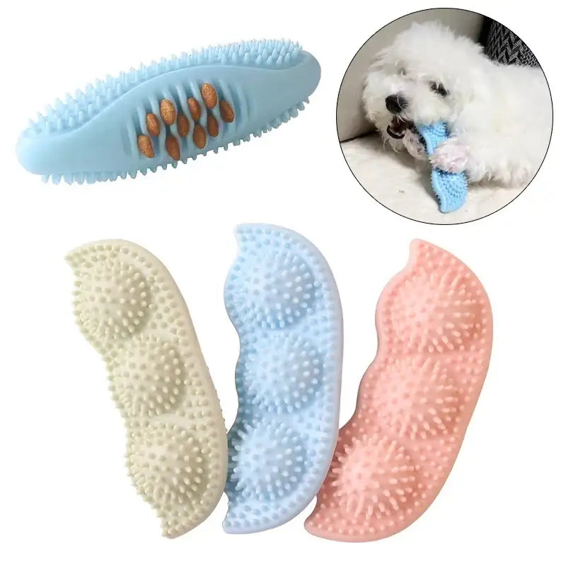 Dog chew toy shaped like a curved brush with textured nubs.