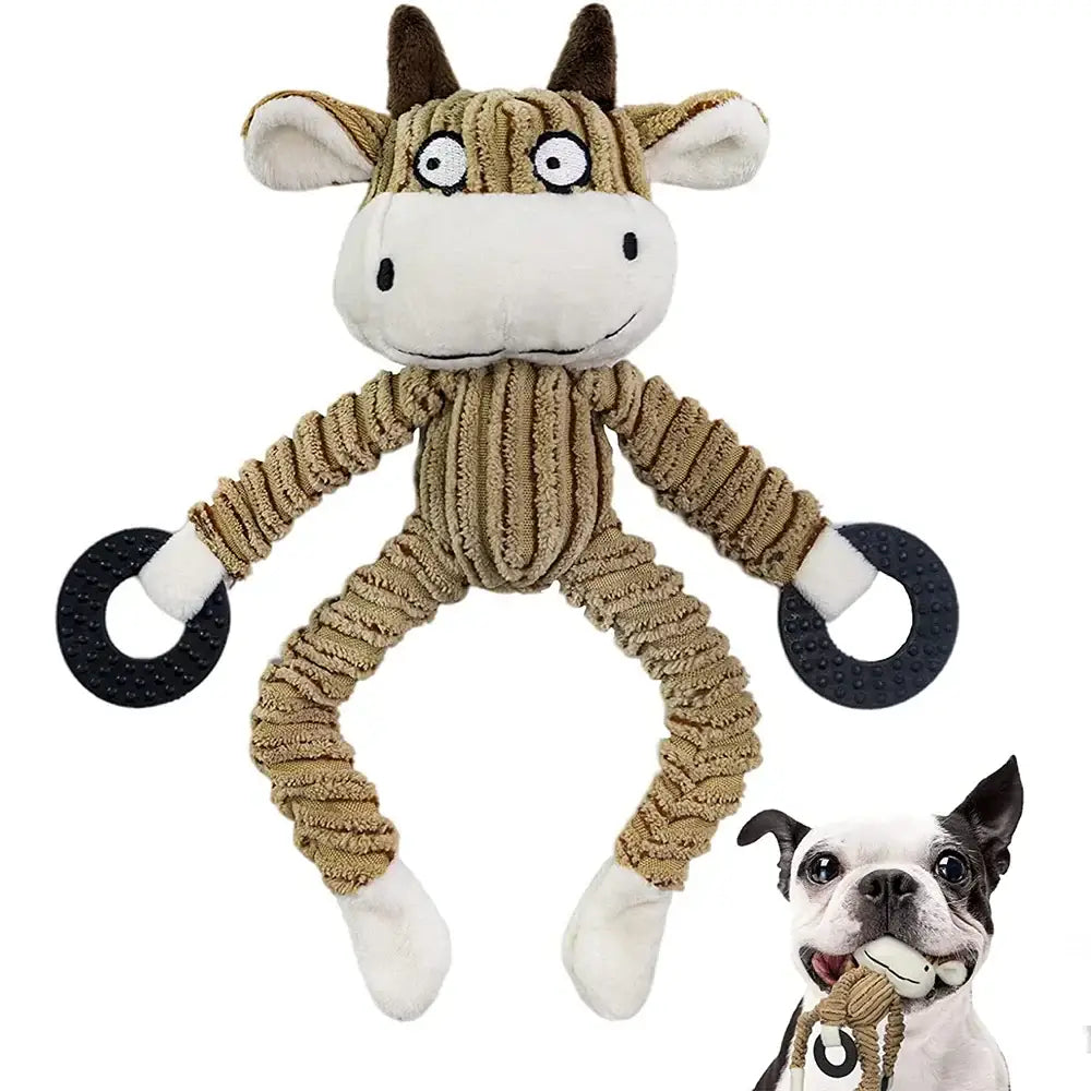 Plush cow toy with corduroy-textured body and ring-shaped limbs.