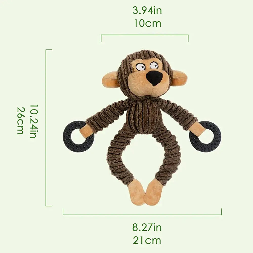 Plush monkey toy with corduroy-textured body and circular rings for hands.