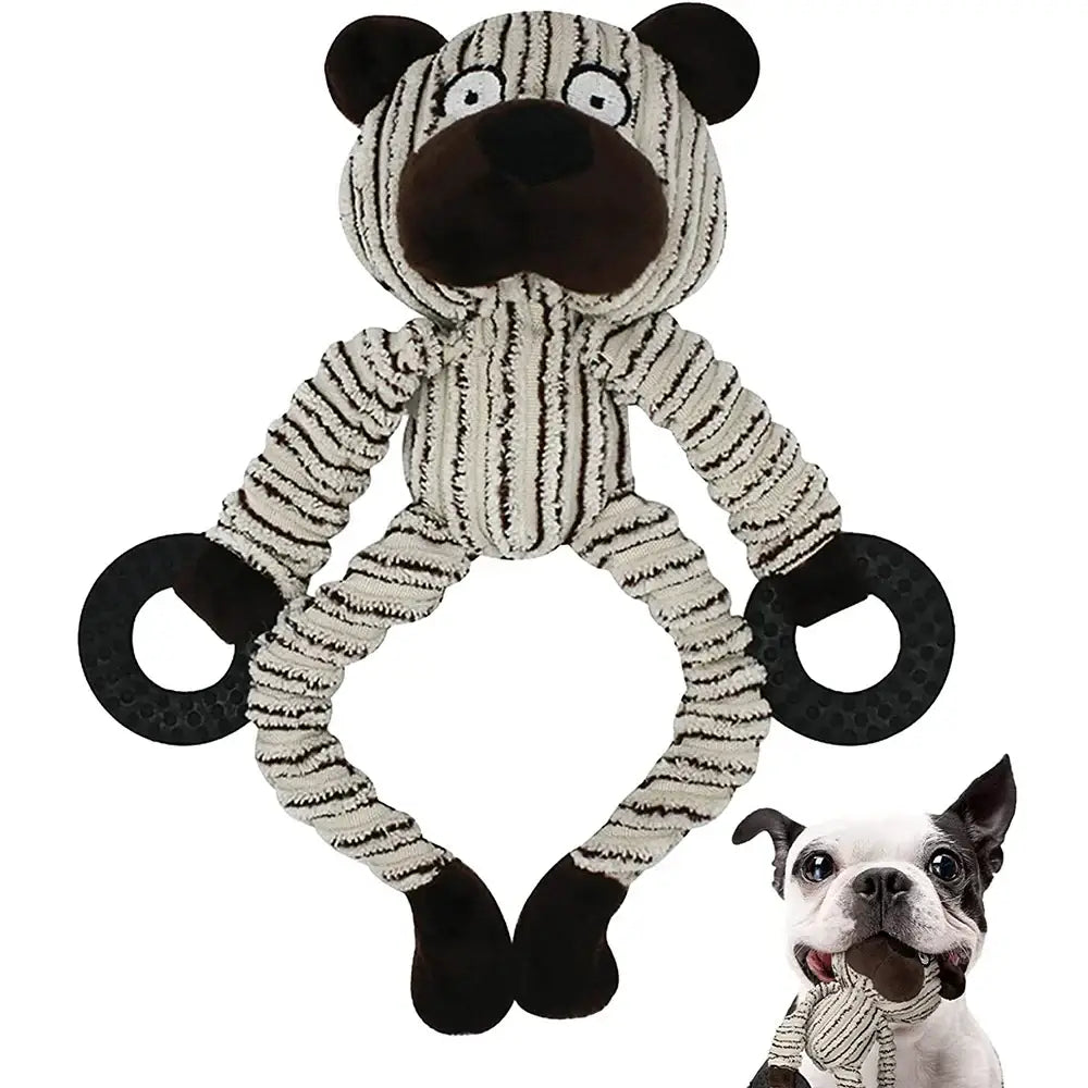 Striped plush toy monkey with long limbs and a wide-open mouth.