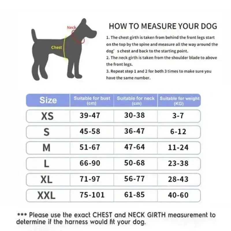 Diagram showing how to measure a dog for proper harness sizing.