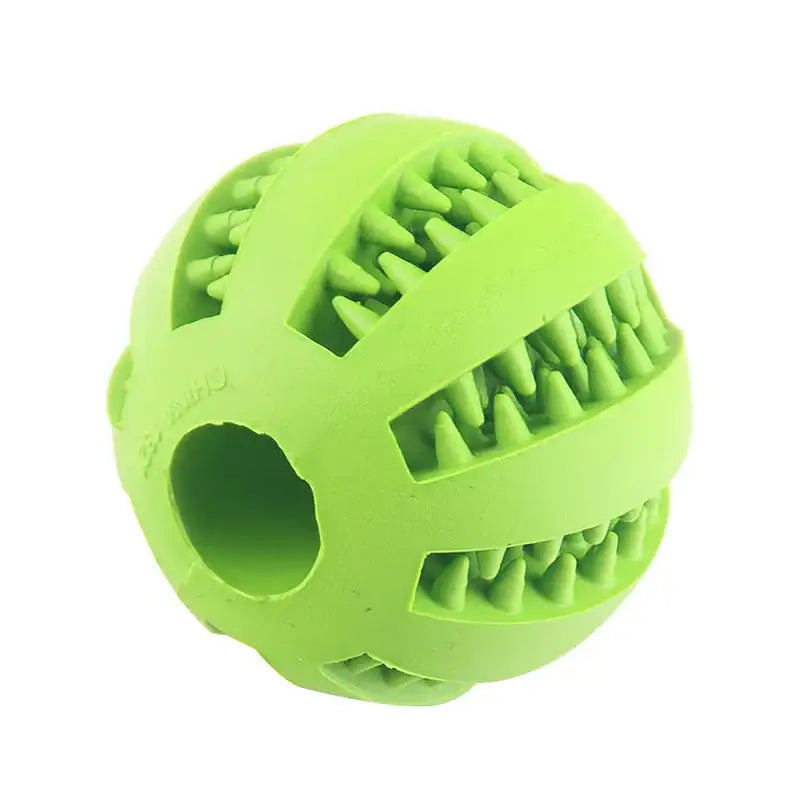 Bright green rubber dog toy ball with ridged patterns and a hollow center.