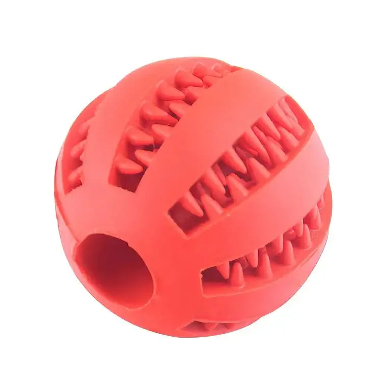 Red rubber ball with grooved patterns and a hollow center.