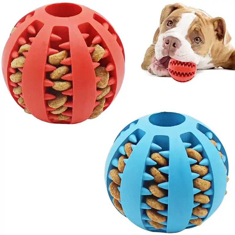 Spherical dog toy with slotted openings filled with treats.