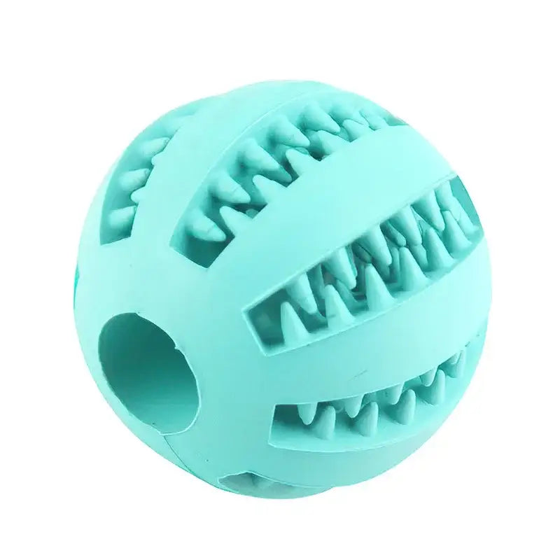 Teal rubber ball with grooved patterns and a hollow center.