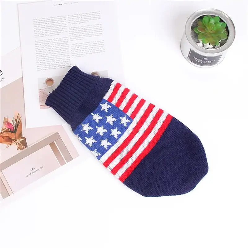 American flag-patterned dog sweater or pet clothing item.