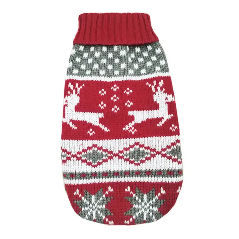 Knitted dog sweater with a festive Nordic-style pattern featuring reindeer and snowflakes in red, white, and gray colors.