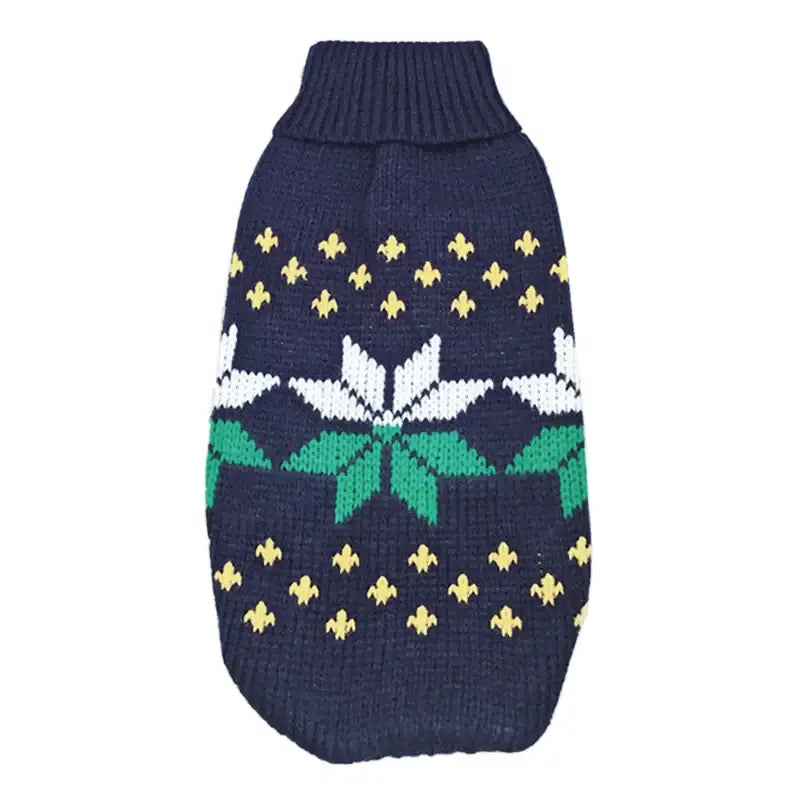 Navy blue knit dog sweater with a snowflake pattern and yellow accents.