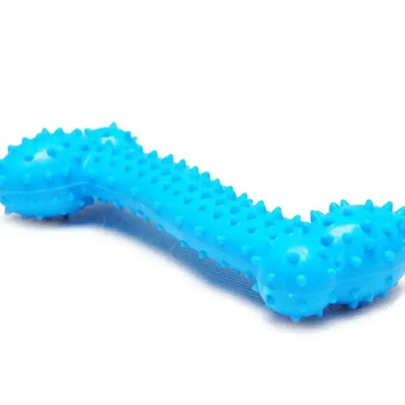 Bright blue textured rubber or plastic chew toy in a bone shape.