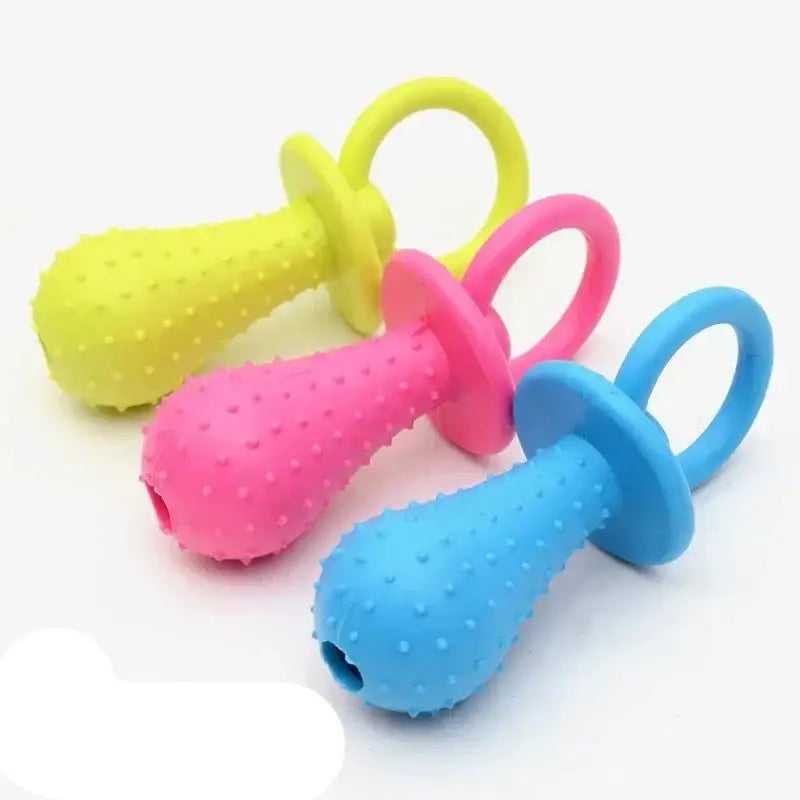 Colorful silicone teething toys shaped like pacifiers with textured surfaces.