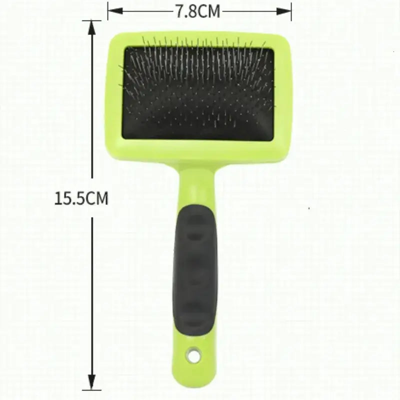 Pet grooming brush with a lime green handle and black bristles.