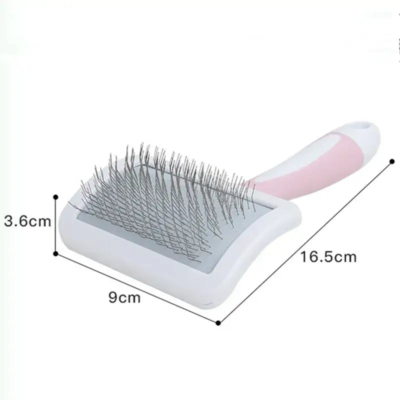 Pet grooming brush with metal bristles and a pink handle.